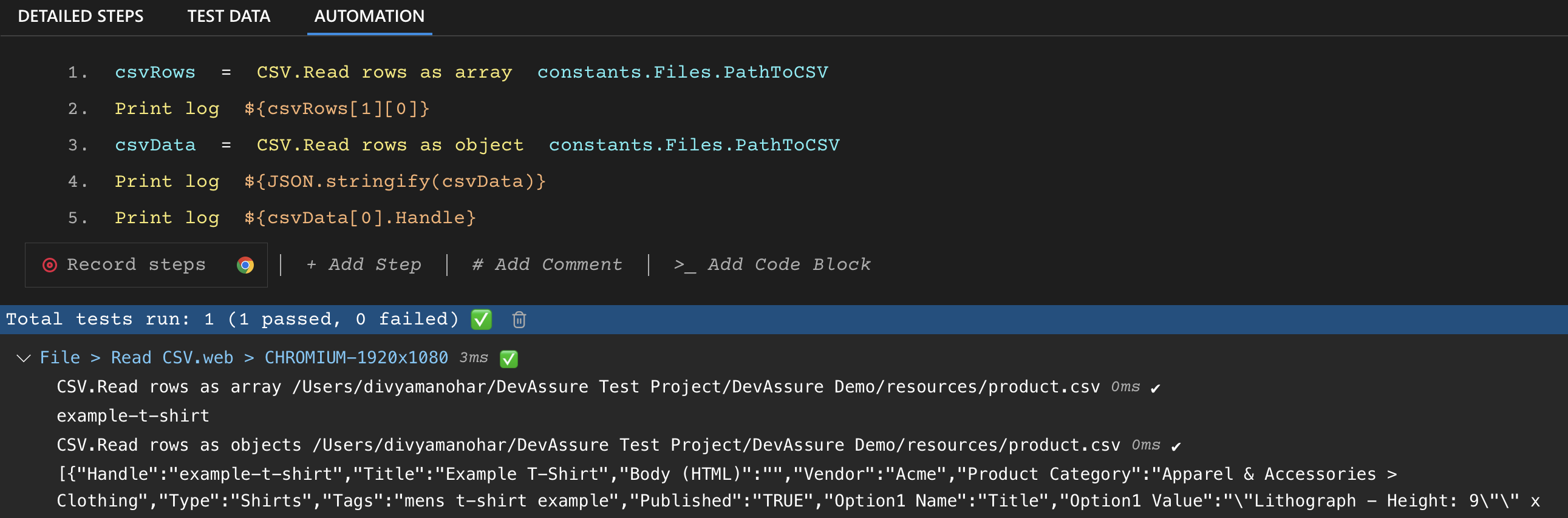 Read CSV Files using DevAssure Actions